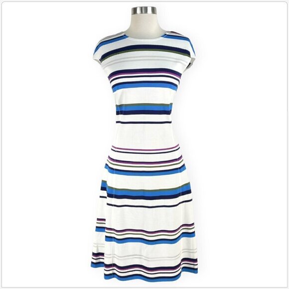 St. John Gia Stripe Knit Cap Sleeve Dress White Multicolor Summer NWT New 10 - Picture 4 of 7
